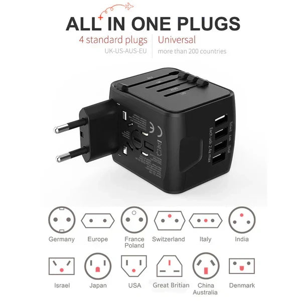 Universal travel power adapter. A portable global plug solution for safe charging during international travel.
