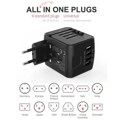 Universal travel power adapter. A portable global plug solution for safe charging during international travel.