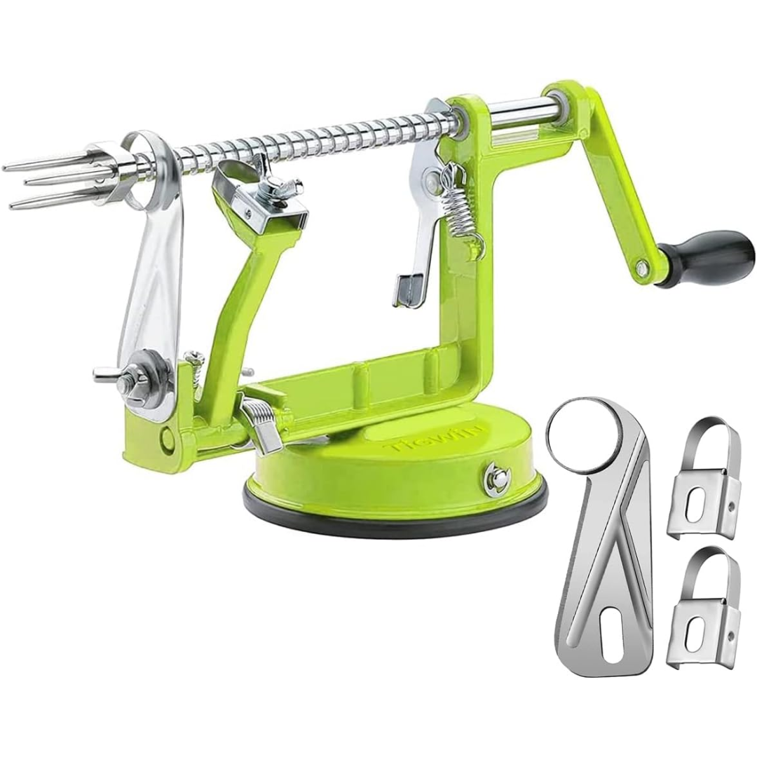 Efficient apple peeler and fruit slicer kitchen gadget with secure suction base for stability.