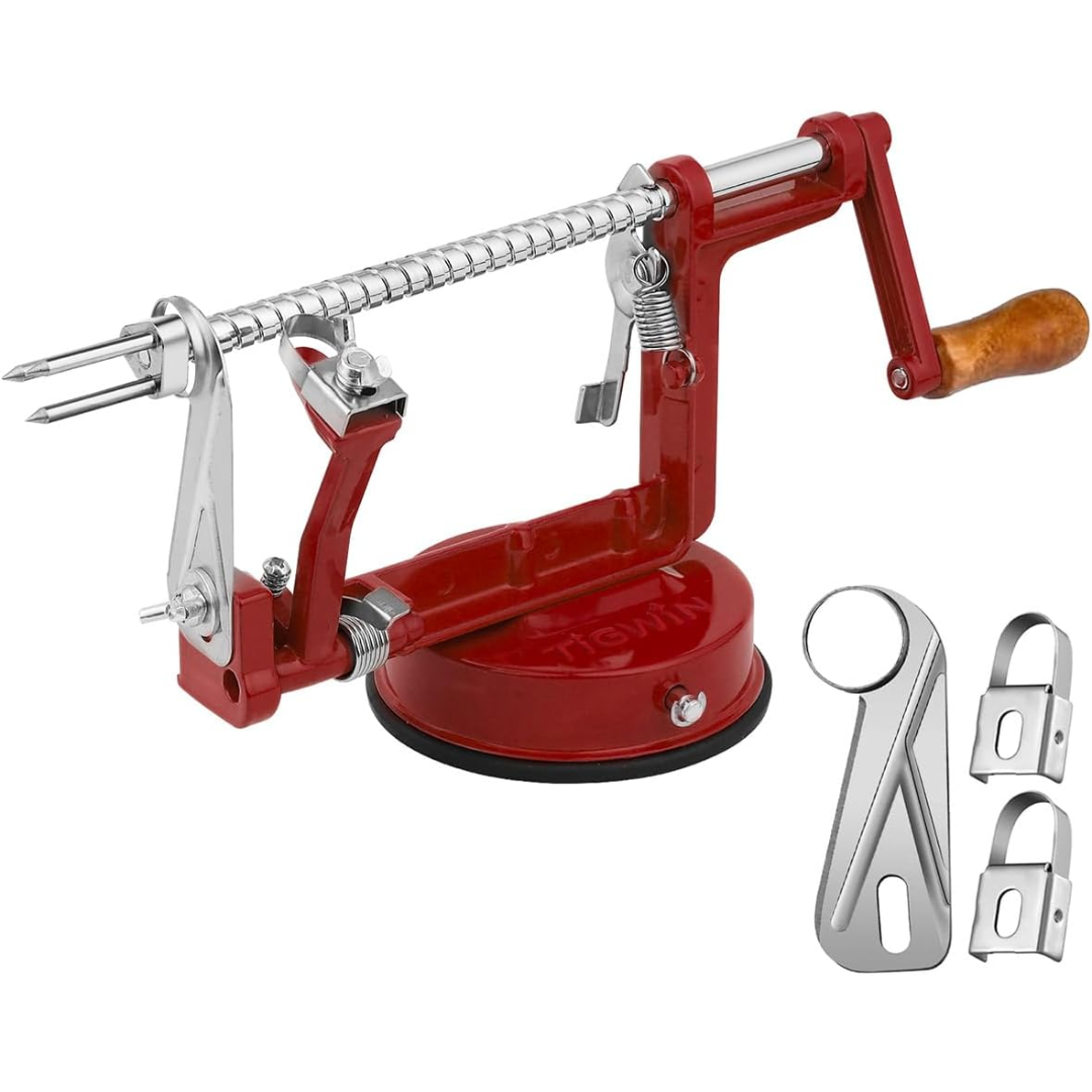 Multi-functional apple peeler and vegetable slicer with a powerful suction base for safety.