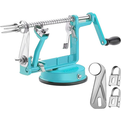 Close-up of CoreSlicer universal apple peeler & slicer, showing stainless steel blade.