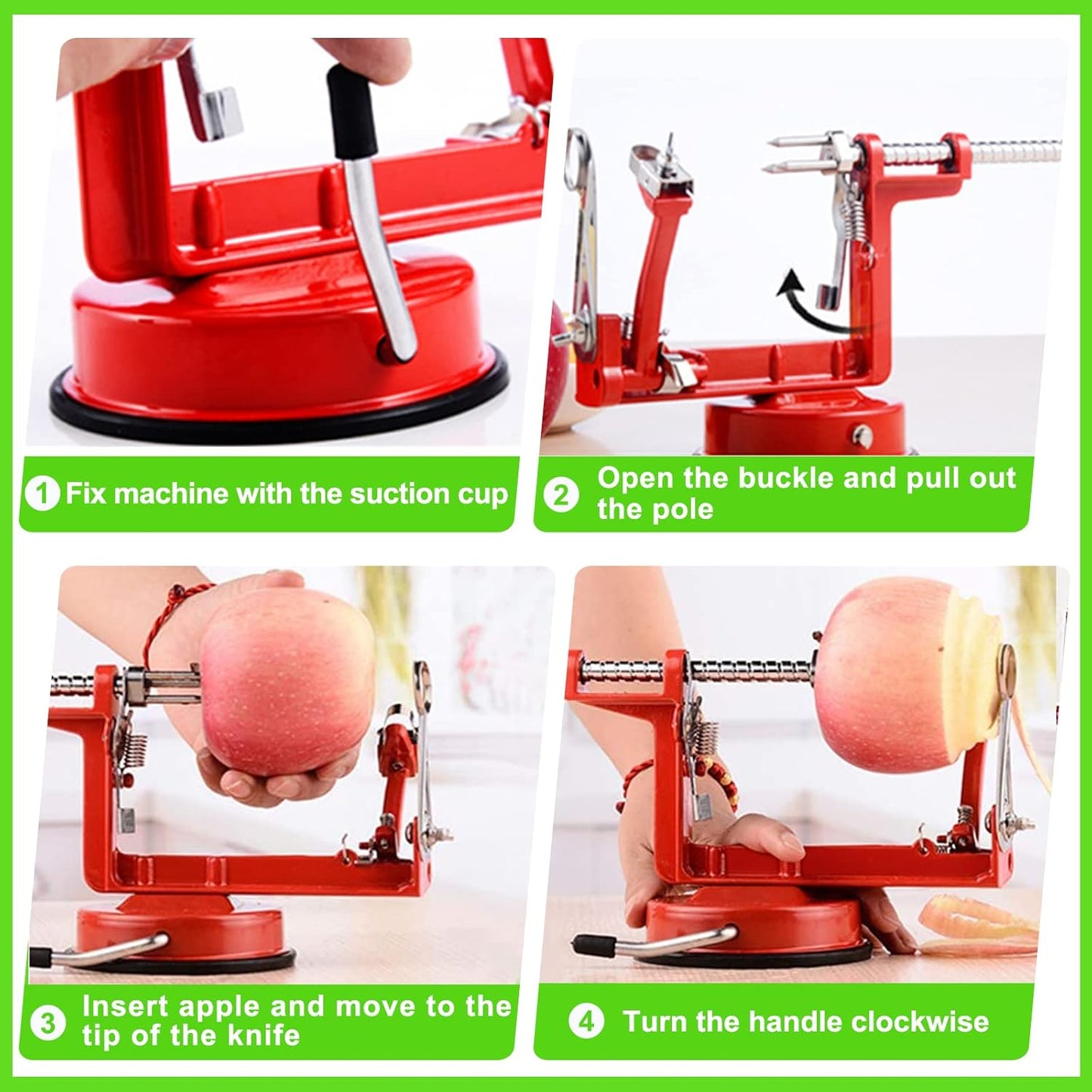 Compact apple peeler, slicer, and corer kitchen tool with a non-slip suction base.