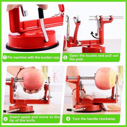 Compact apple peeler, slicer, and corer kitchen tool with a non-slip suction base.
