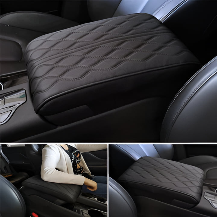 Universal black leather car armrest cushion pad with memory foam for enhanced driving comfort & protection.