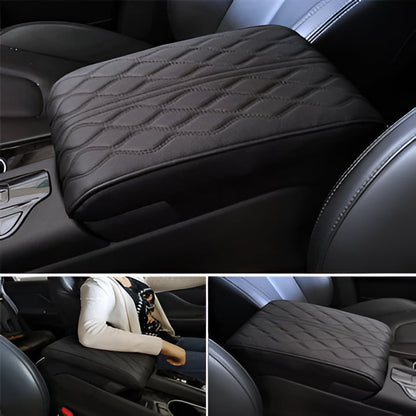 Universal black leather car armrest cushion pad with memory foam for enhanced driving comfort & protection.