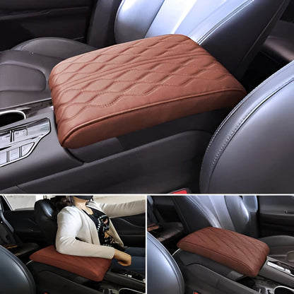 Sleek black leather universal car armrest cushion pad, upgrading auto interior & adding comfort for drivers.