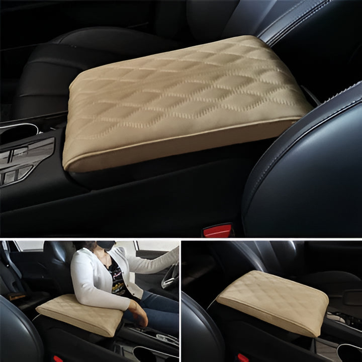 Easy-install universal black leather car armrest box pad, fitting most vehicles for improved comfort & style.