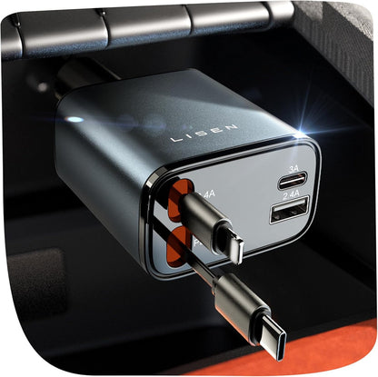 Universal car charger with retractable USB-C cables for fast multi-device charging.