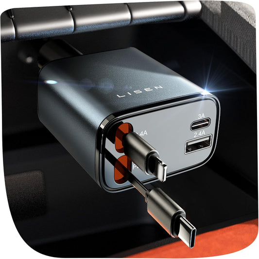 Universal car charger with retractable USB-C cables for fast multi-device charging.
