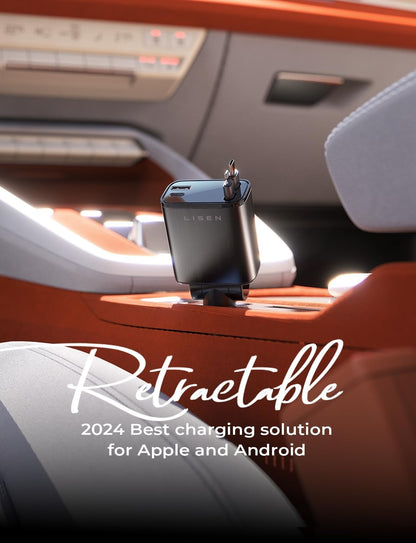 Retractable car charger with its USB-C & other cables extended, showcasing fast multi-device charging.