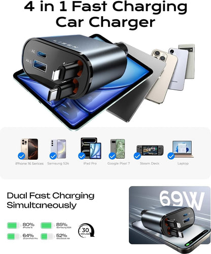 Compact, universal car charger with retractable USB cables, a fast-charging auto accessory for seamless mobile power.