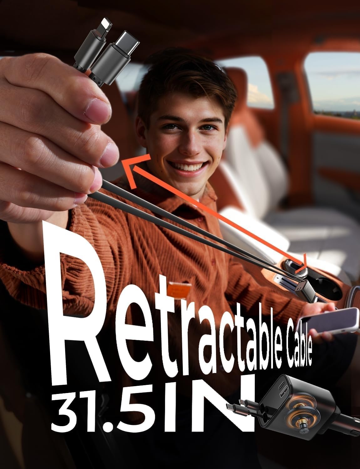Multi-device universal car charger, a road trip essential with retractable USB cables for all your gadgets.