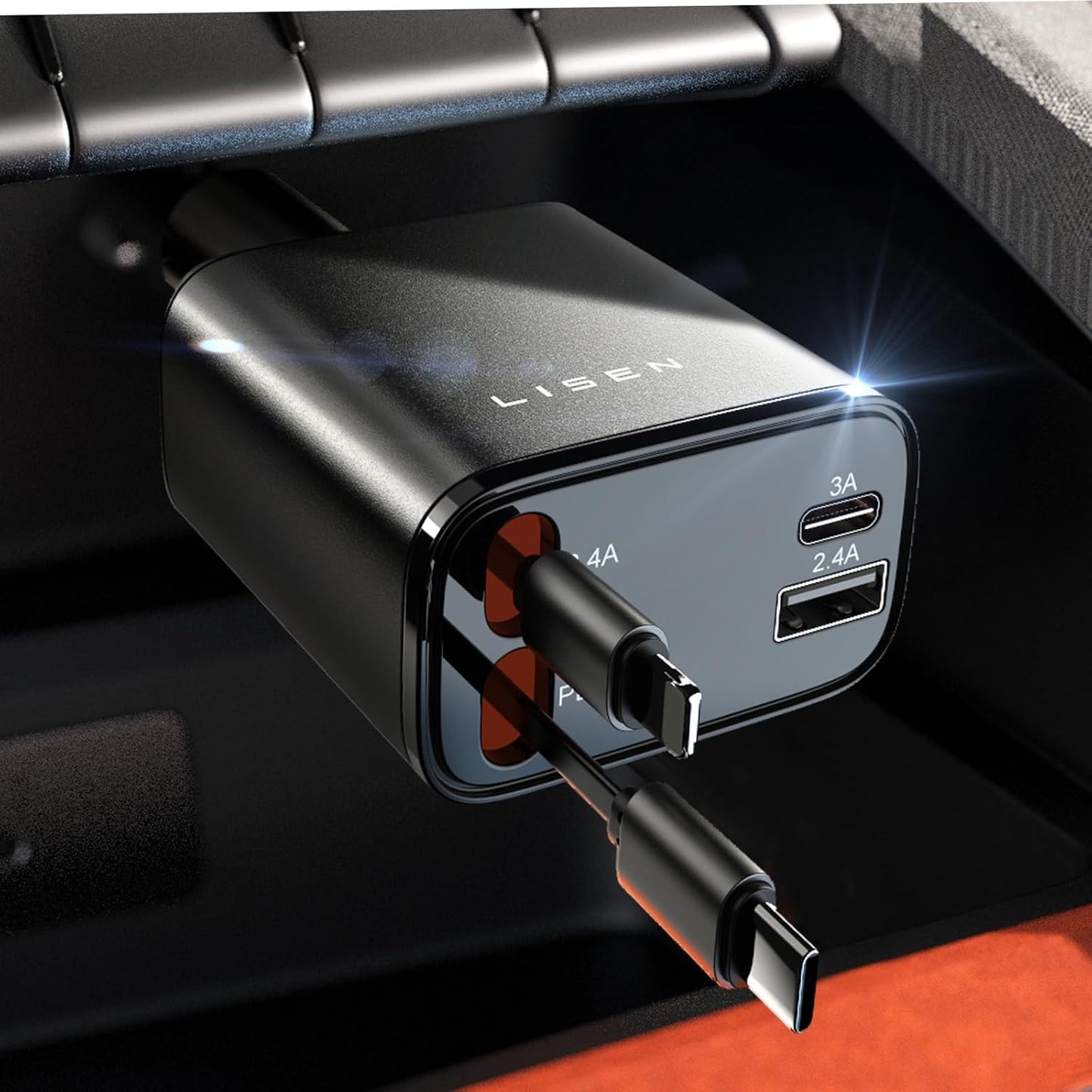 Convenient fast-charging car gadget, featuring retractable USB-C cables for tidy in-car power.