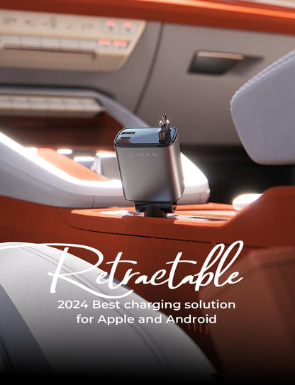 High-speed universal car charger with retractable USB cables, delivering fast mobile charging for all devices.
