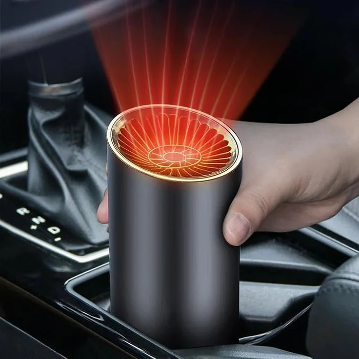 Portable 12V car heater & defroster for fast heating & cooling. Cup-shape design, ideal auto accessory for winter driving.