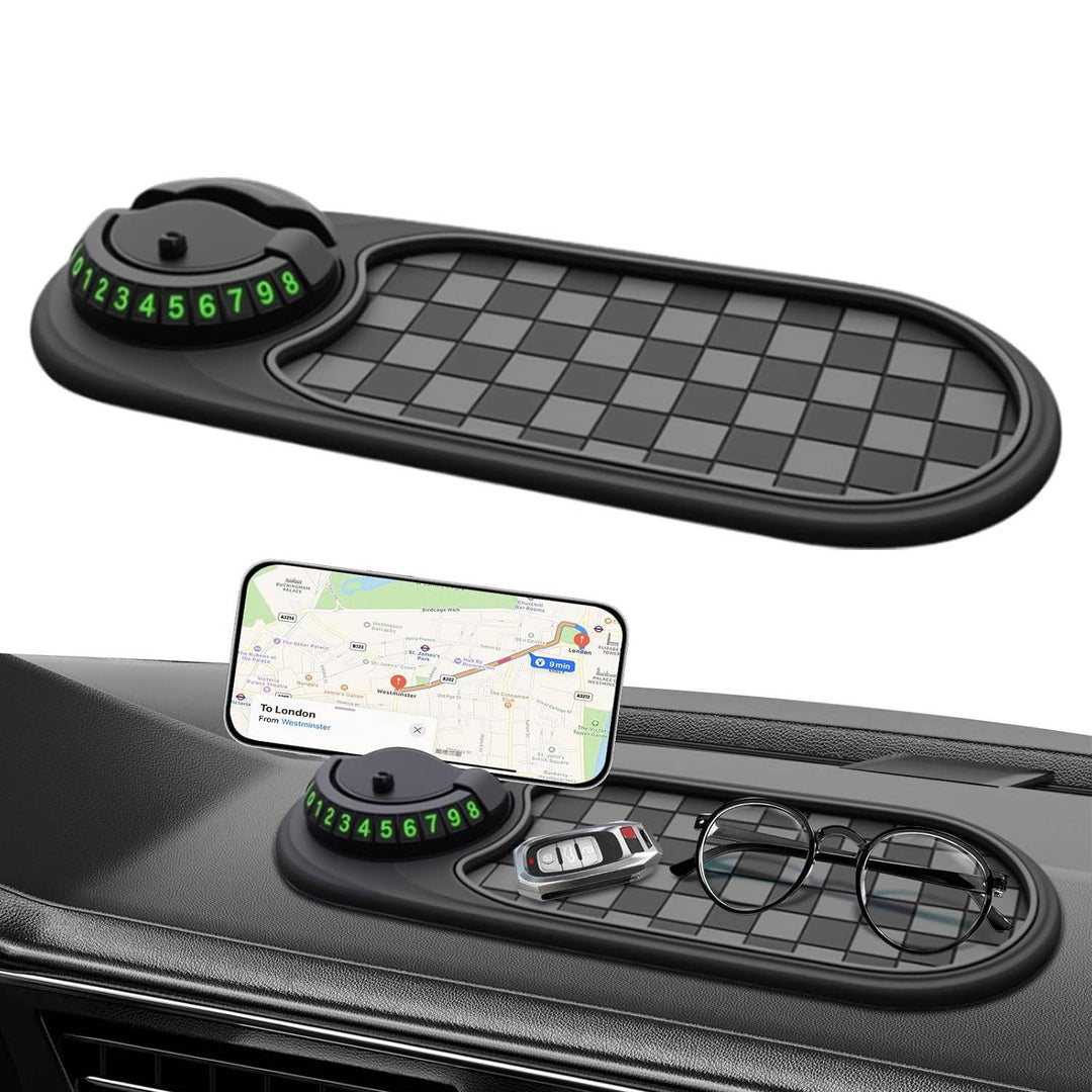 Universal car phone holder & organizer with anti-slip dashboard mount for secure device display.