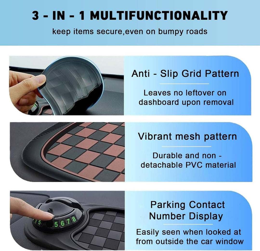 Multi-storage phone organizer and car mount, anti-slip universal dashboard accessory.