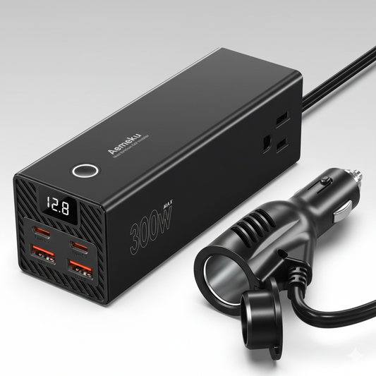 Universal car power inverter with dual fast-charging USB ports for travel & camping.