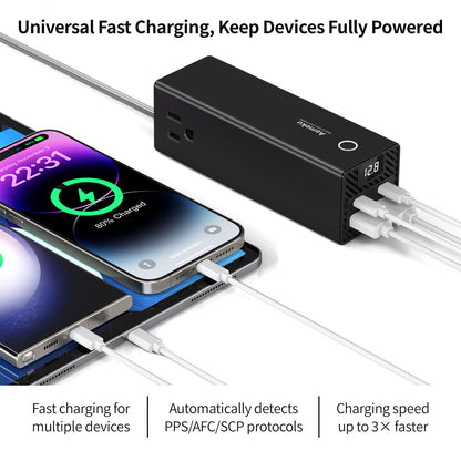 Compact car power converter, 150W, with USB-C & USB-A for electronics on road trips.