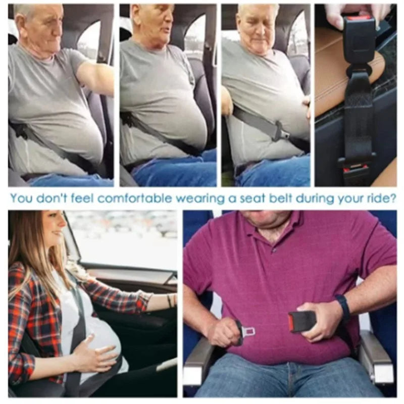 Black universal seat belt extender, ideal for larger drivers, pregnant women, and booster seats.