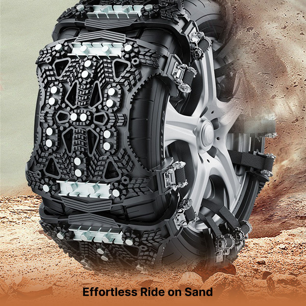 Close-up of universal snow chains, metal links gripping a car tire for deep snow.