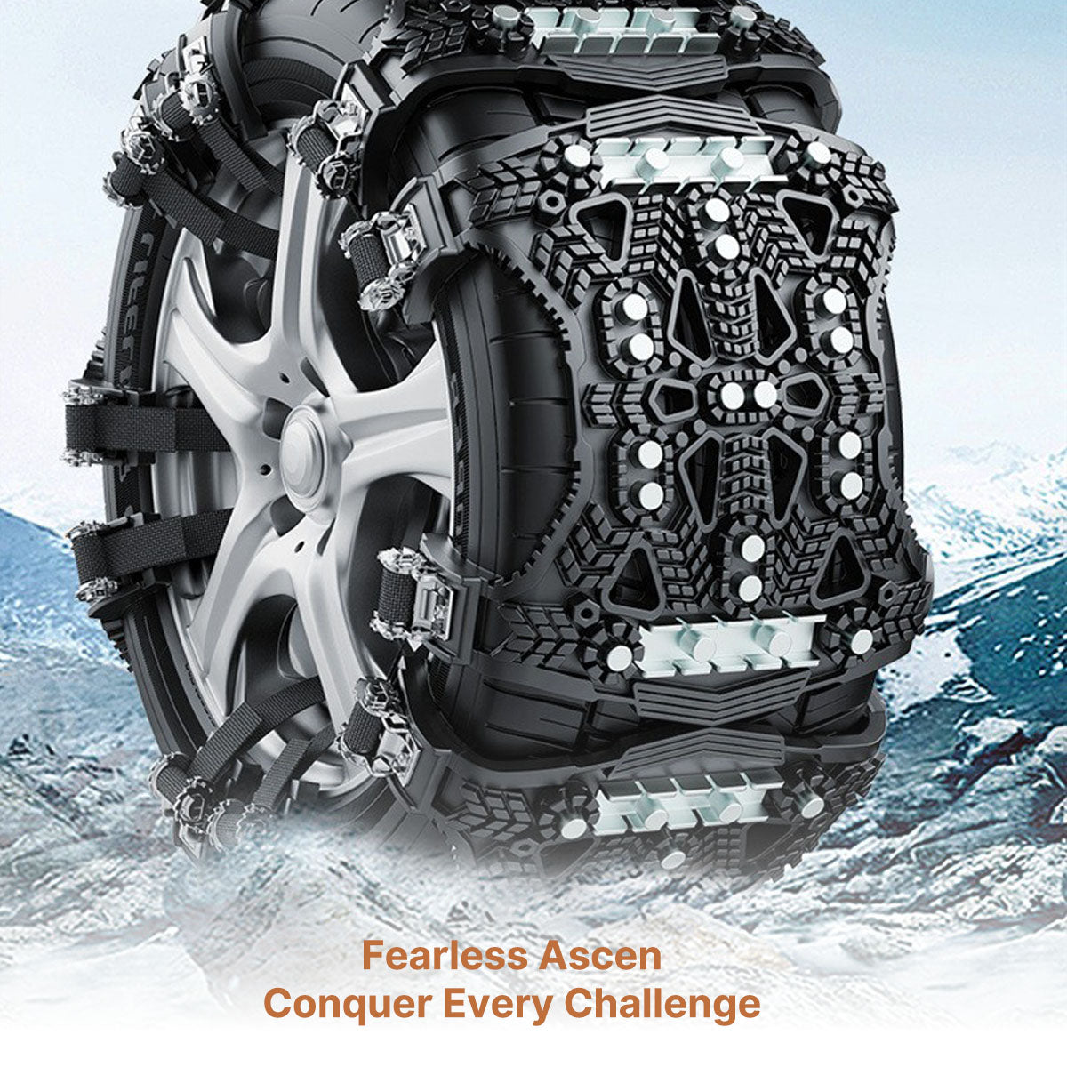 Car with universal snow chains installed on front tires, ready for winter weather.