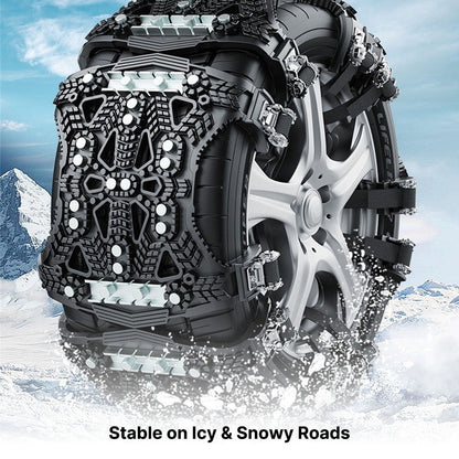 Set of two universal car snow chains in a durable storage bag for winter road trips.