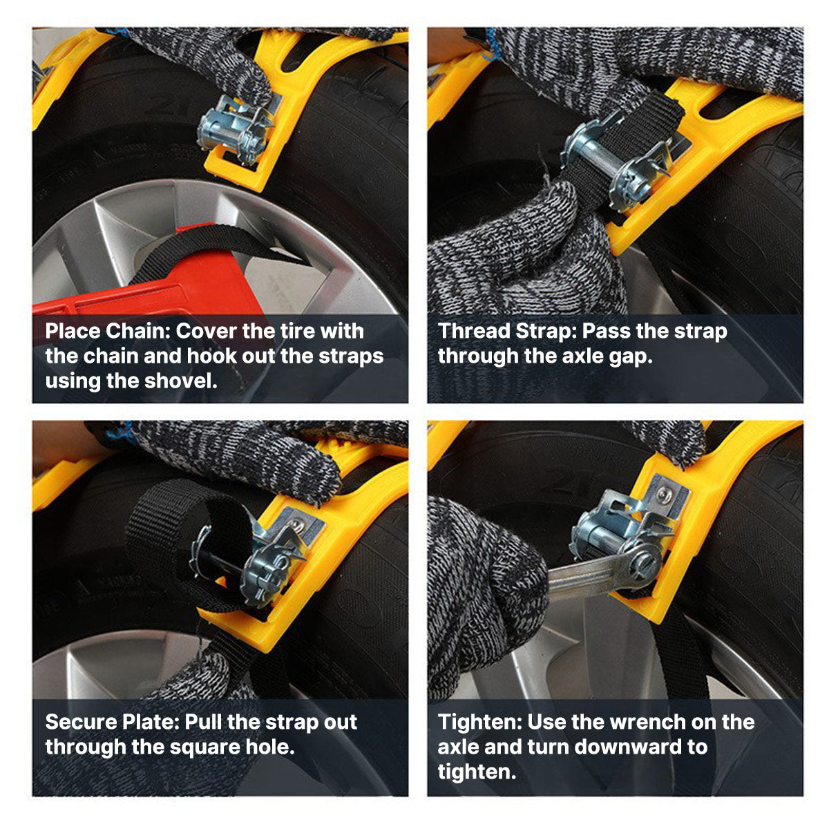 Detail photo of universal snow chains' anti-skid design, ensuring vehicle grip.