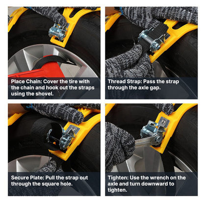 Detail photo of universal snow chains' anti-skid design, ensuring vehicle grip.