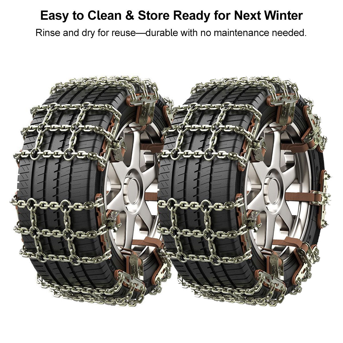 Front view of a car tire equipped with snow chains for ice and snow