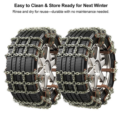 Front view of a car tire equipped with snow chains for ice and snow