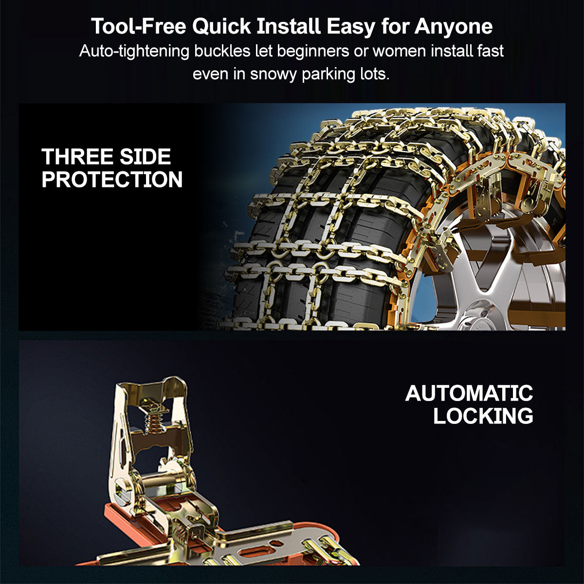 Anti-skid car tire chains providing superior road grip in snow
