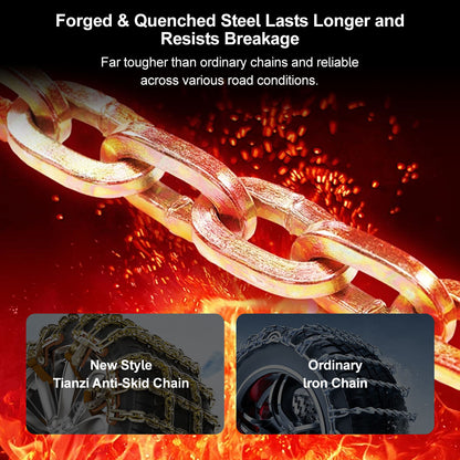 Close-up of universal snow chains with durable manganese steel construction