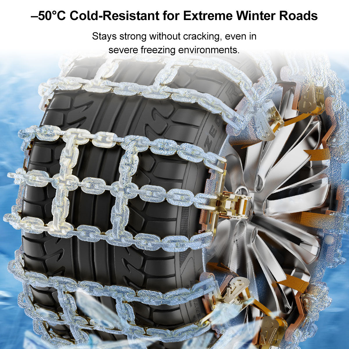 Car tire with easy install snow chains ready for winter conditions