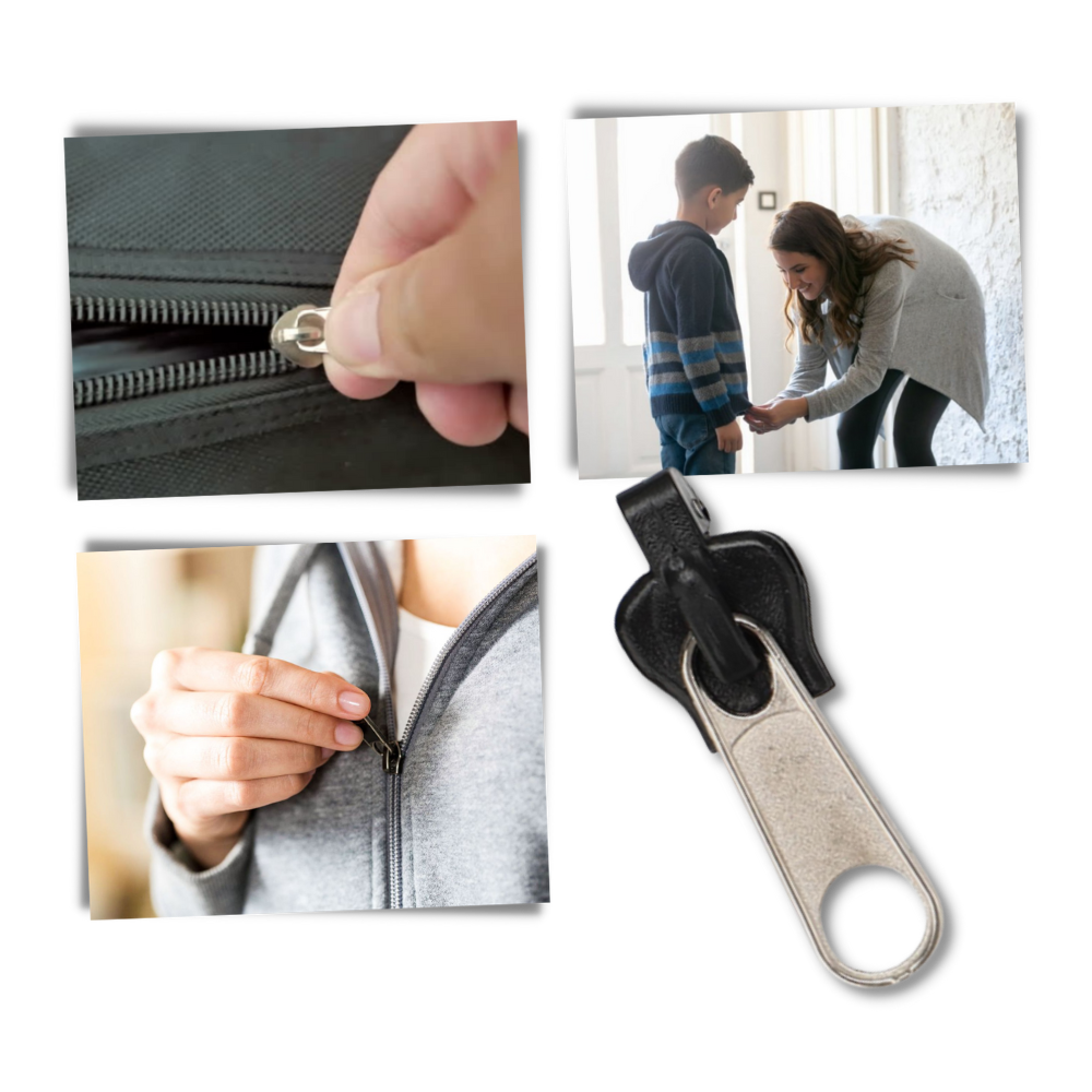 Universal clip-on zipper repair kit for instant slider replacement on jackets & bags. Quick, no-tool fix.