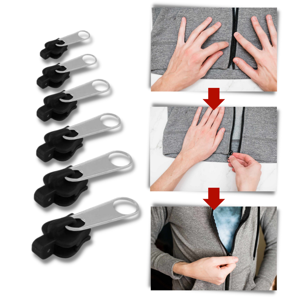 Emergency clip-on zipper slider replacement for broken zippers. Portable travel accessory for quick, universal repairs.