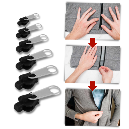 Emergency clip-on zipper slider replacement for broken zippers. Portable travel accessory for quick, universal repairs.