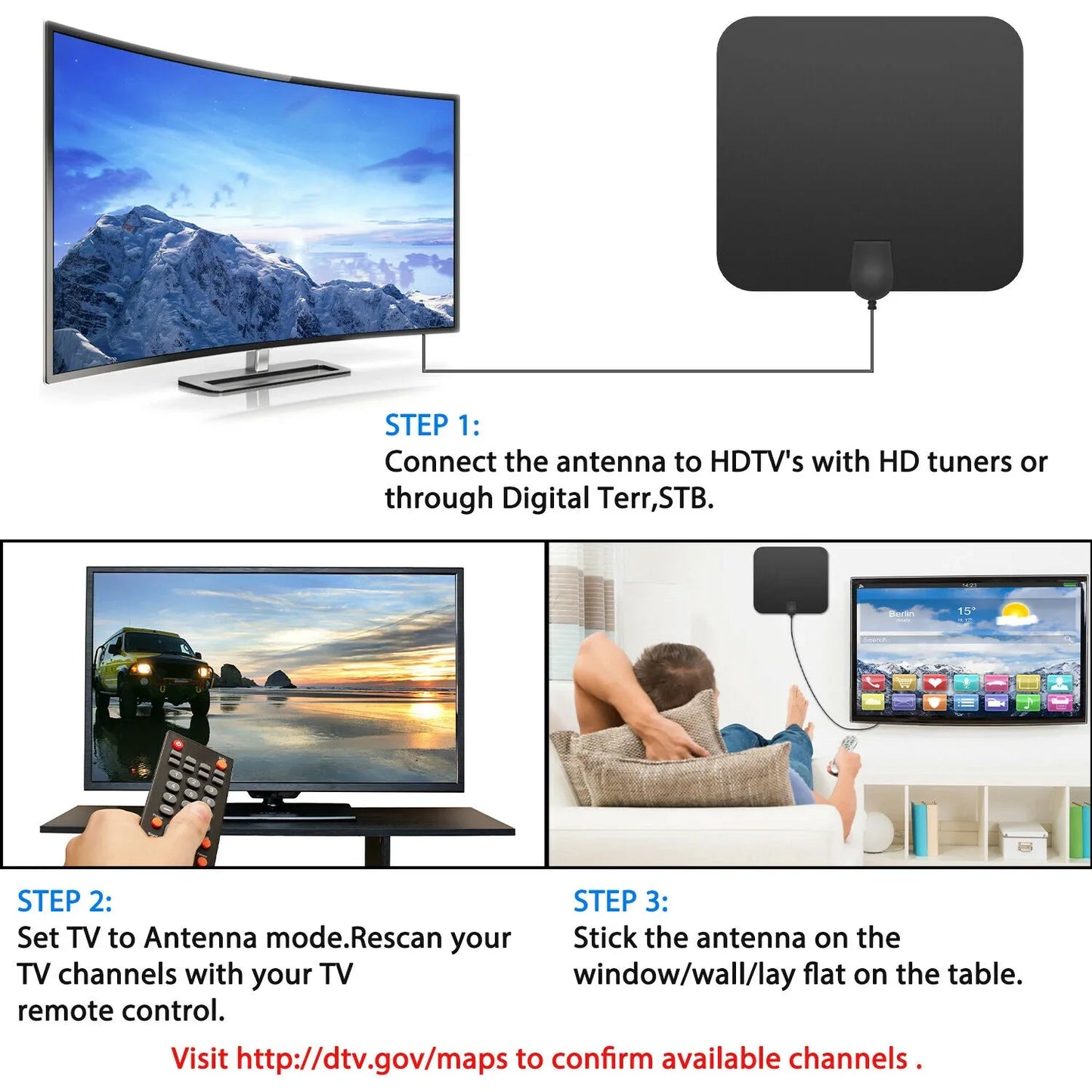 Sleek black universal amplified indoor HDTV antenna & signal booster for crisp, free digital TV.