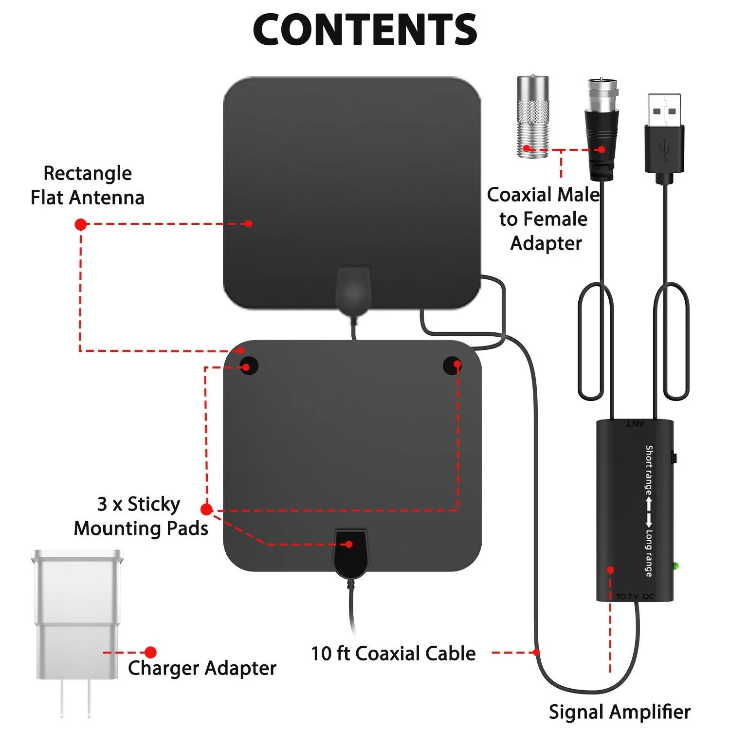 Universal digital amplified indoor HDTV antenna with signal booster for free TV, cord cutting, UHF/VHF.