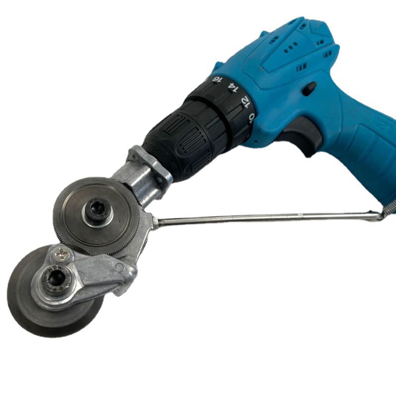 Universal electric drill plate cutter attachment for sheet metal, auto repair, and metalworking.