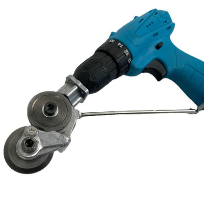 Universal electric drill plate cutter attachment for sheet metal, auto repair, and metalworking.