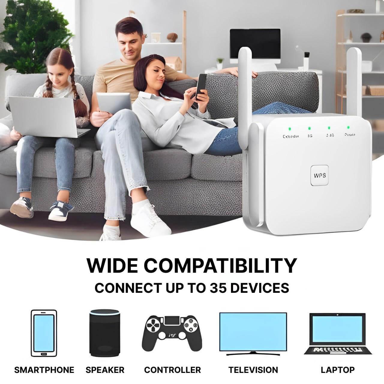 Upgrade your home network with this WiFi Repeater & Signal Booster. Boost internet speed & extend range easily.