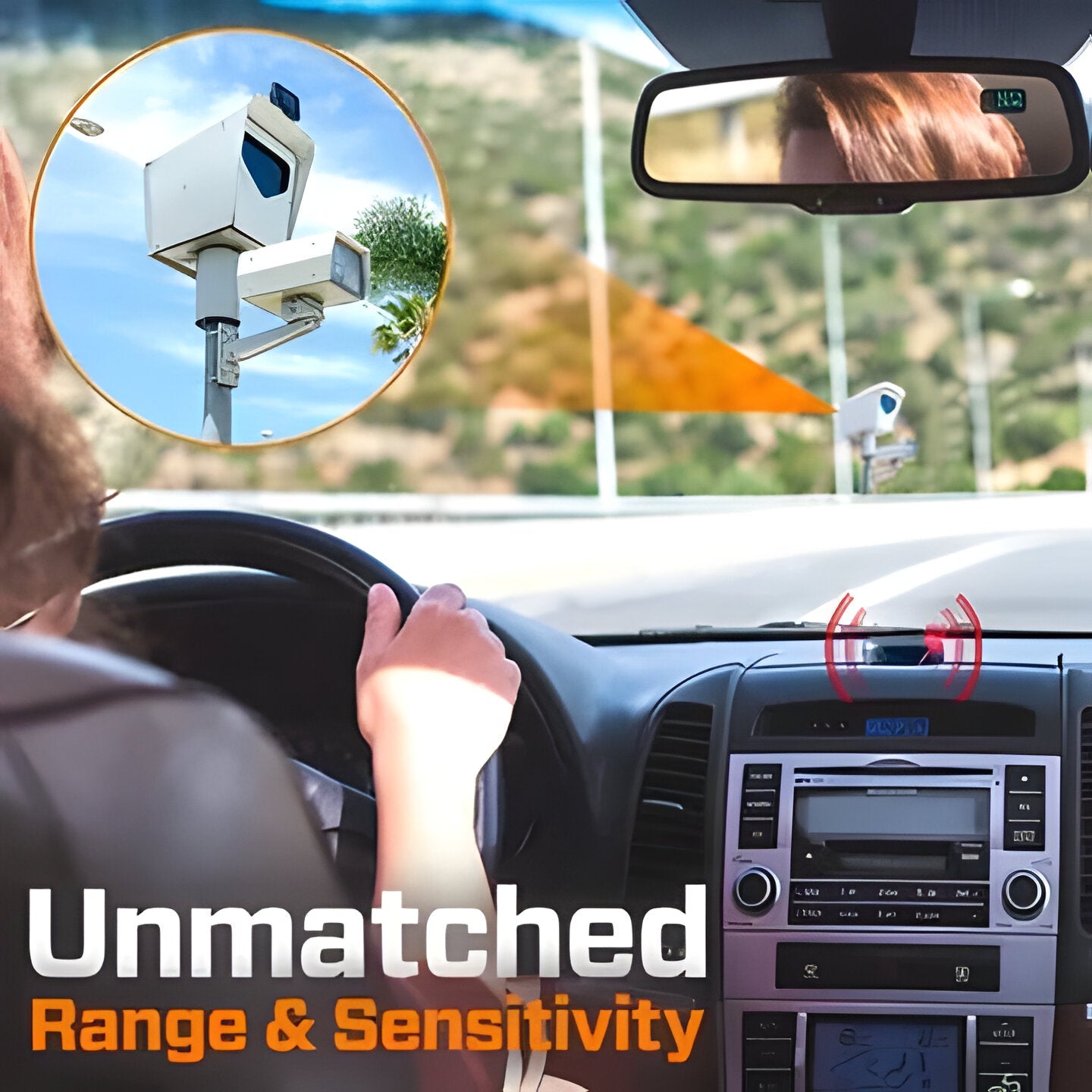 Universal laser radar detector mounted in a car dashboard. Assists drivers with speed, laser detection & road safety.