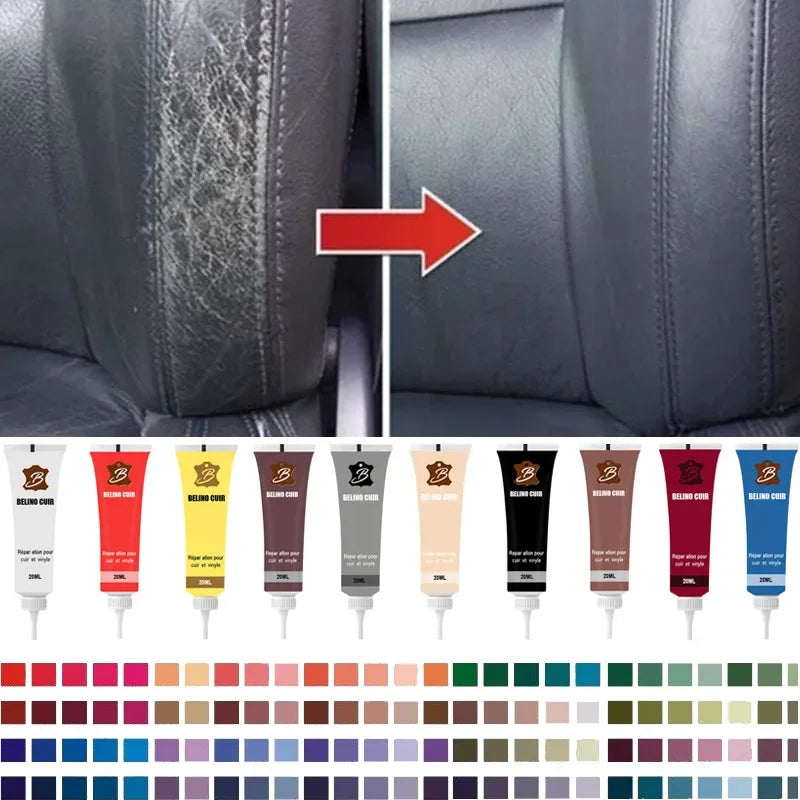 Packaging for Universal Leather Repair Gel. DIY solution for car seat, sofa, & furniture leather care & repair.