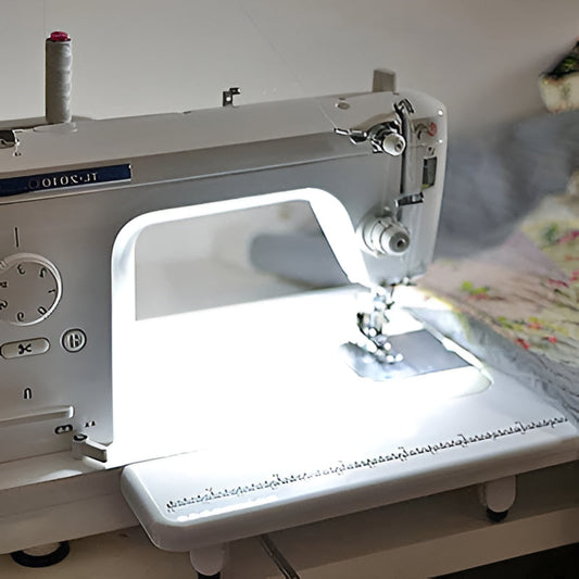 Universal LED work light strip for sewing machines. Bright craft lighting reduces eye strain for precision sewing.