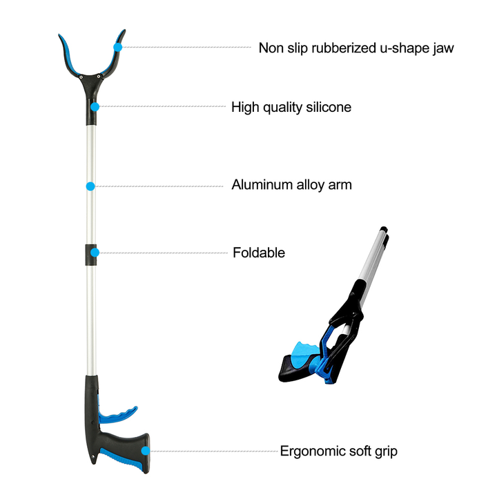 Versatile household reach tool, rotatable head & folding design. Essential mobility aid grabber stick.