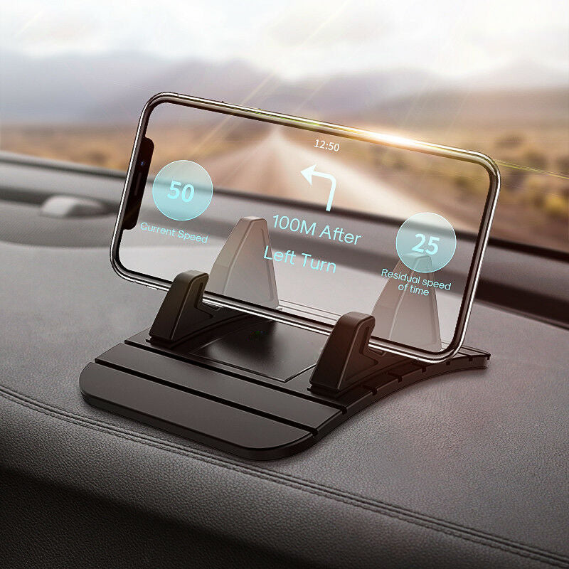 Universal non-slip car phone holder dashboard mount for secure, hands-free GPS navigation and mobile phone use.