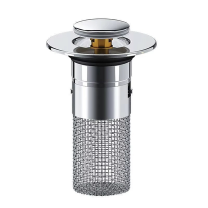 Universal pop-up sink drain stopper with integrated hair catcher for easy clog prevention in bathrooms & kitchens.