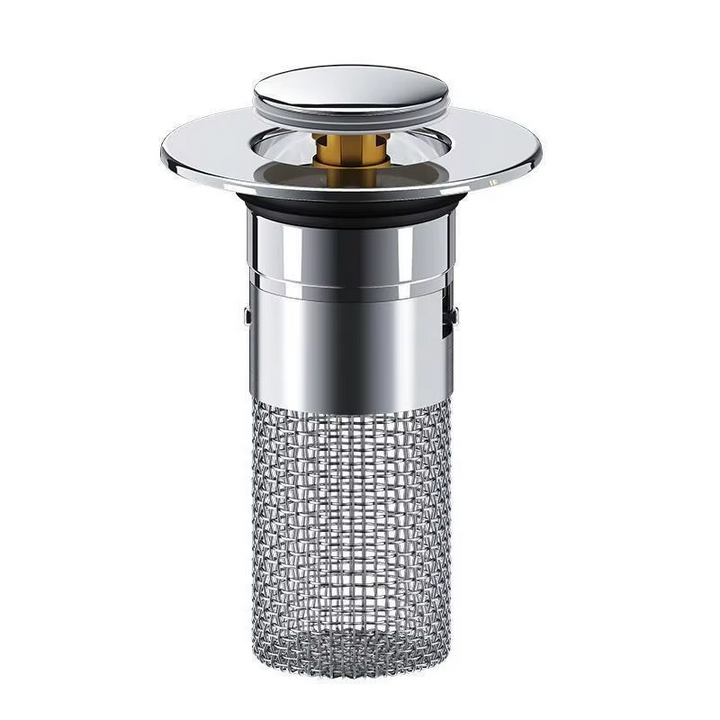 Universal pop-up sink drain stopper with integrated hair catcher for easy clog prevention in bathrooms & kitchens.