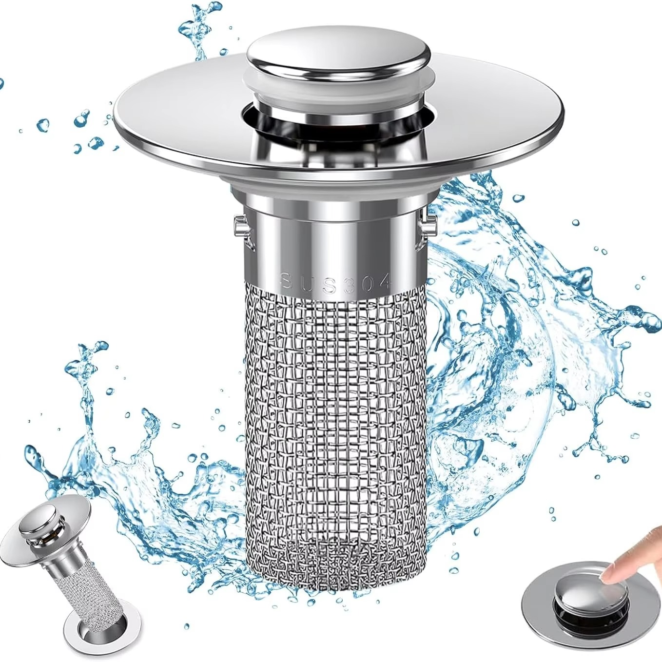 Sleek universal pop-up drain stopper and hair trap; essential kitchen & bathroom accessory for clog-free drains.